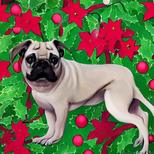 Image similar to christmas card, frug dog black infront of leg, high beauty vine, artstation, ample lighting, flower mosaic, dna, intense fantasy