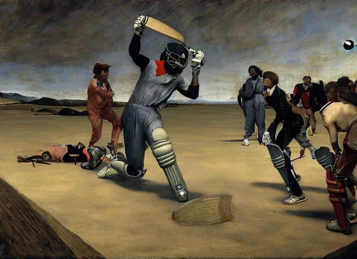 Image similar to a cricket match on the moon by edgar maxence and caravaggio and michael whelan and delacroix style, artistic, intricate painting, cinematic lighting, hyper realistic, extremely detailed, establishing shot, 8 k resolution, dramatic lighting