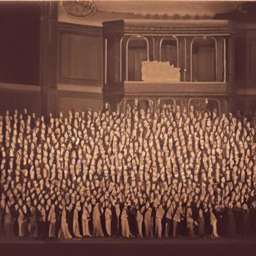 Image similar to Photo of crowd at 1944 opera with one person colorized