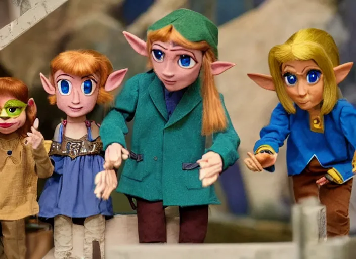 Prompt: still from a live - action tv show in the style of thunderbirds with marionette puppets, starring link and princess zelda and zelda monsters in hyrule or in dungeons. wooden puppets wearing clothing made of fabric. photographic ; realistic ; highly - detailed.