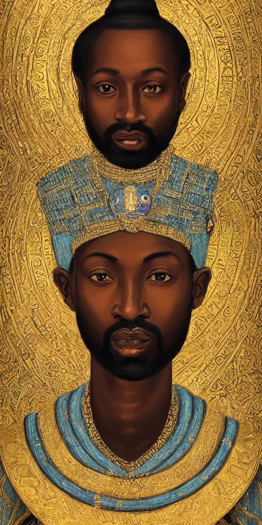 Image similar to a stunning and noble highly detailed romantic period style portrait of Mansa Musa by Josep Tapiró Baró, trending on artstation, oil painting masterpiece, symmetry, African iconography