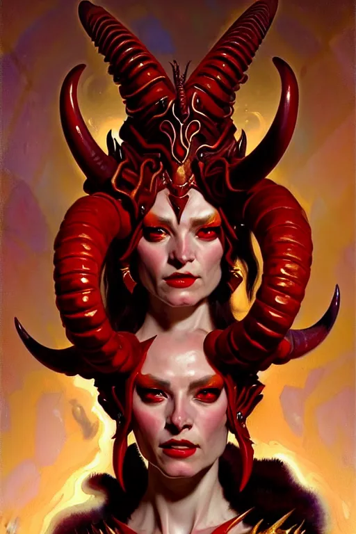 Prompt: painted close - up portrait of a very attractive red - skinned intimidating demon alien queen with ram horns! oil painting, wearing a noblewoman's outfit, fantasy art by john singer sargent and gaston bussiere and james jean and greg rutkowski, demon noble character design, hd