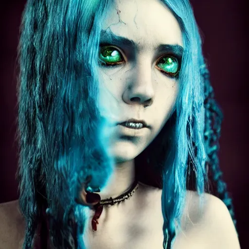 Prompt: portrait of young girl half dragon half human, dragon girl, dragon skin, dragon eyes, dragon crown, blue hair, long hair, highly detailed, cinematic lighting, by Guillermo del toro and Tim Burton