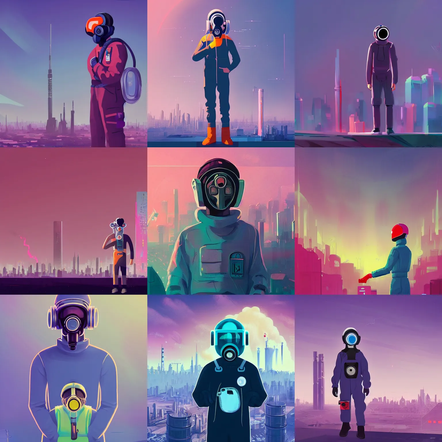 Prompt: teenager wearing a boiler suit and a futuristic gas mask, city skyline in the background, pastel colours, science fiction concept art, by Anton fadeev