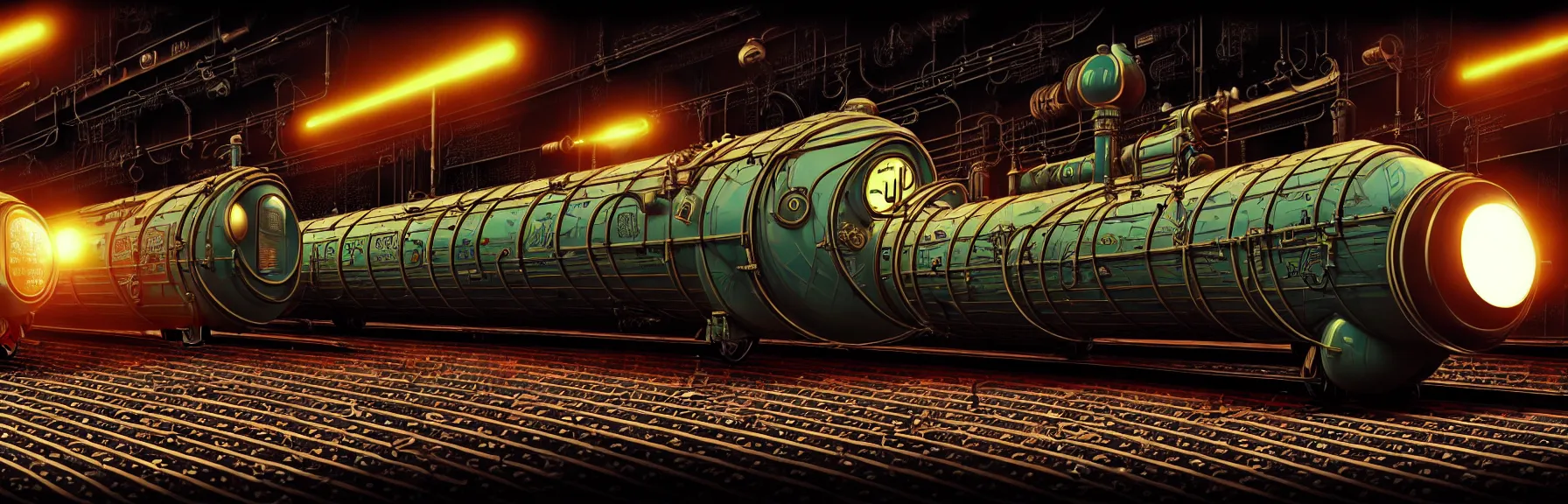 Image similar to solar - punk war train, vacuum tube - punk, electron tube - punk. 8 k resolution concept art hyperdetailed trending on artstation unreal engine hyperrealism art. baroque elements. intricate artwork by caravaggio