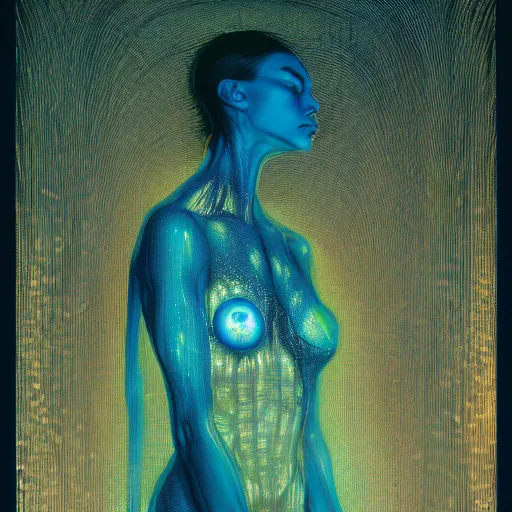 Prompt: portrait of a woman, covered in transparent cloth, glowing streaks of light, plastic, glowing eyes, flat background, Masterpiece, glowing, wires everywhere, by Edgar Maxence and Ross Tran, Zdzisław Beksiński, and Michael Whelan, distant, gustav dore, H.R. Giger, 8k, octane render