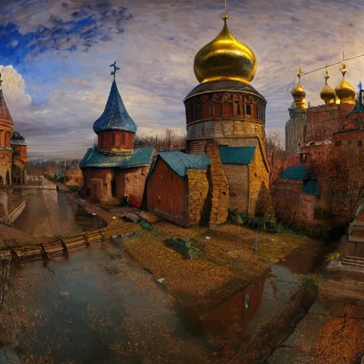 Image similar to photo beautiful magical ancient Slavic Russian city of Kitezh, fisheye lens, painting by Viktor Vasnetsov, concept art, magical city, fantasy cityscape, ancient Slavs, wooden buildings, ancient Russian architecture, terem, hyperborea, top cinematic lighting , cinematic mood, very detailed, 8k, high resolution, trending on artstation, artstationHD, painting by Nicholas Roerich,