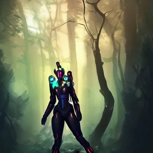 Prompt: sci - fi portrait of a humanoid robot with magic runes, standing in a dark forest, action pose, artgerm, trending on artstation, warframe concept art