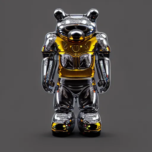 Image similar to chrome bear, glossy, metallic, neon, symmetrical, tribal patterns, realistic, unreal engine, octane, redshift, artstation, behance