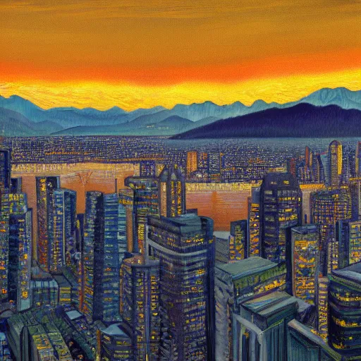 Prompt: a beautifully ultradetailed painting of vancouver bc, early evening, golden hour, marguerite zorach and alex ries giger, 4 k : 3, : - 1, dof : - 1, blur : - 1, unreal engine, trending on artstation