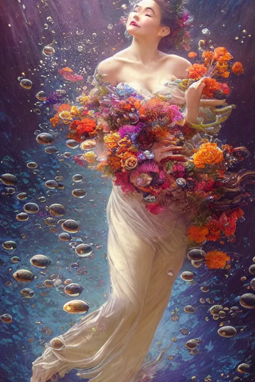 Image similar to portrait of a beautiful mysterious woman holding a bouquet of flowing flowers, hair flowing upwards, small bubbles from her mouth, hands hidden under the bouquet, submerged underwater filled with colorful small fish and coral reef, fantasy, regal, intricate, by stanley artgerm lau, greg rutkowski, thomas kindkade, alphonse mucha, loish, norman rockwell