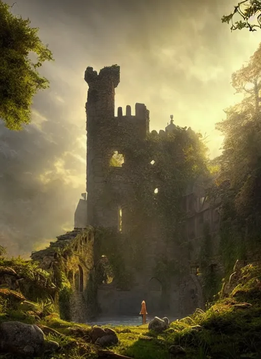 Image similar to beautiful medieval castle ruins, mist, sunrays, dust in the air, dnd character, unreal engine, octane render, dramatic lighting, pond, digital art, by stanley artgerm lau, greg rutkowski, thomas kindkade, alphonse mucha, loish, norman rockwell,