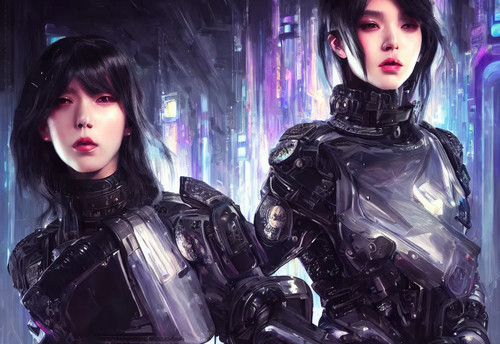 Image similar to portrait holy dark grey hair of futuristic police girl, black armored uniform, at neon light flashing reflected tokyo night, ssci - fi and fantasy, intricate and very very beautiful, highly detailed, digital painting, artstation, concept art, smooth and sharp focus, illustration, art by tian zi and wlop and alphonse mucha