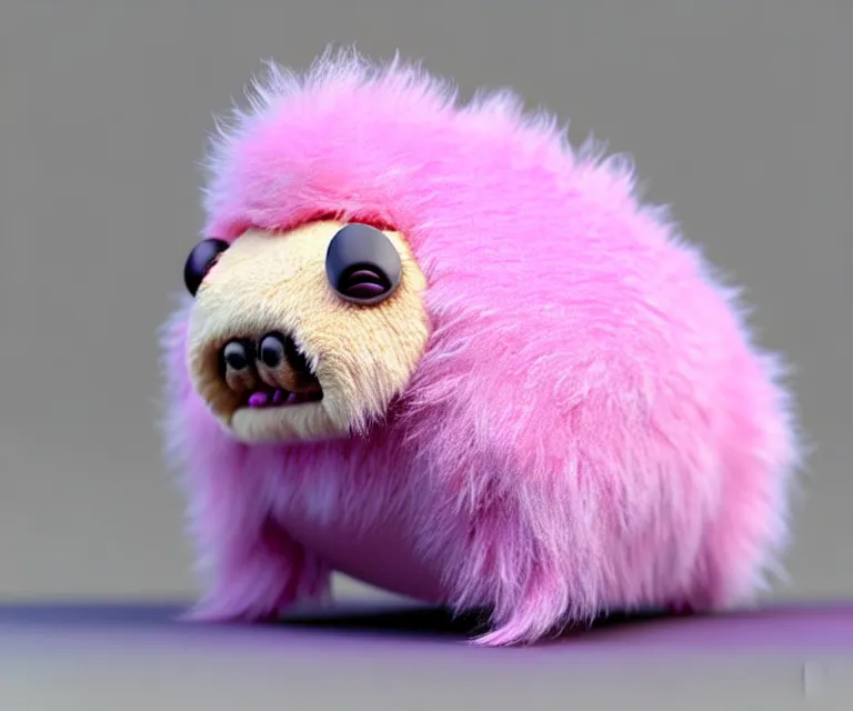 Image similar to high quality 3 d render hyperrealist very cute small tardiradiant, plush mascot, short spiky dense fluffy smooth hair, photo from the side, pink fluffy fur, 1 5 0 mm, beautiful natural soft light, rim light, vray, smooth background, artstation, ultra detailed