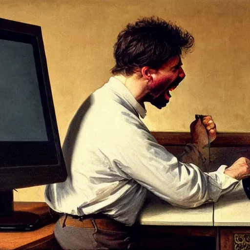 Image similar to an angry man yells at his computer monitor, oil on canvas, 1 8 8 3, highly detailed