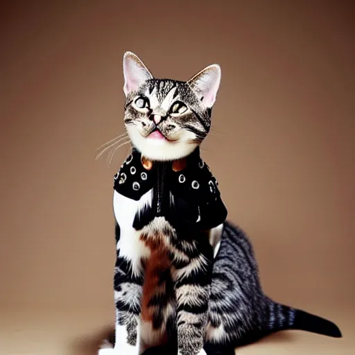 Image similar to cat wearing clothes made by alexander mcqueen