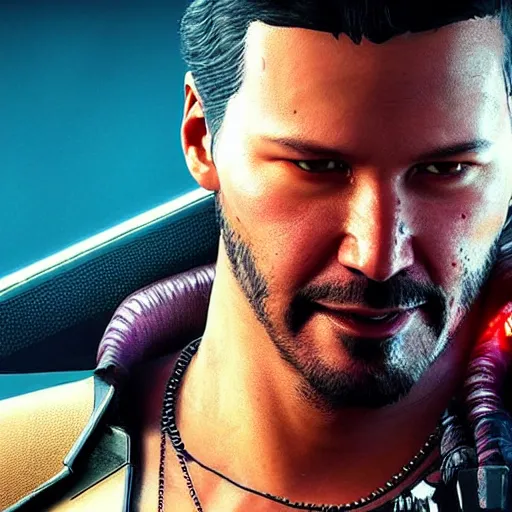 Image similar to photo of a Keanu Reaves in the Cyberpunk 2077 game