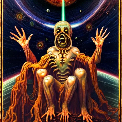 Image similar to the transcendent being embodying fundamental fear from the outer space, photorealistic, detailed photography, divinity, awful, cosmic horror, religious art