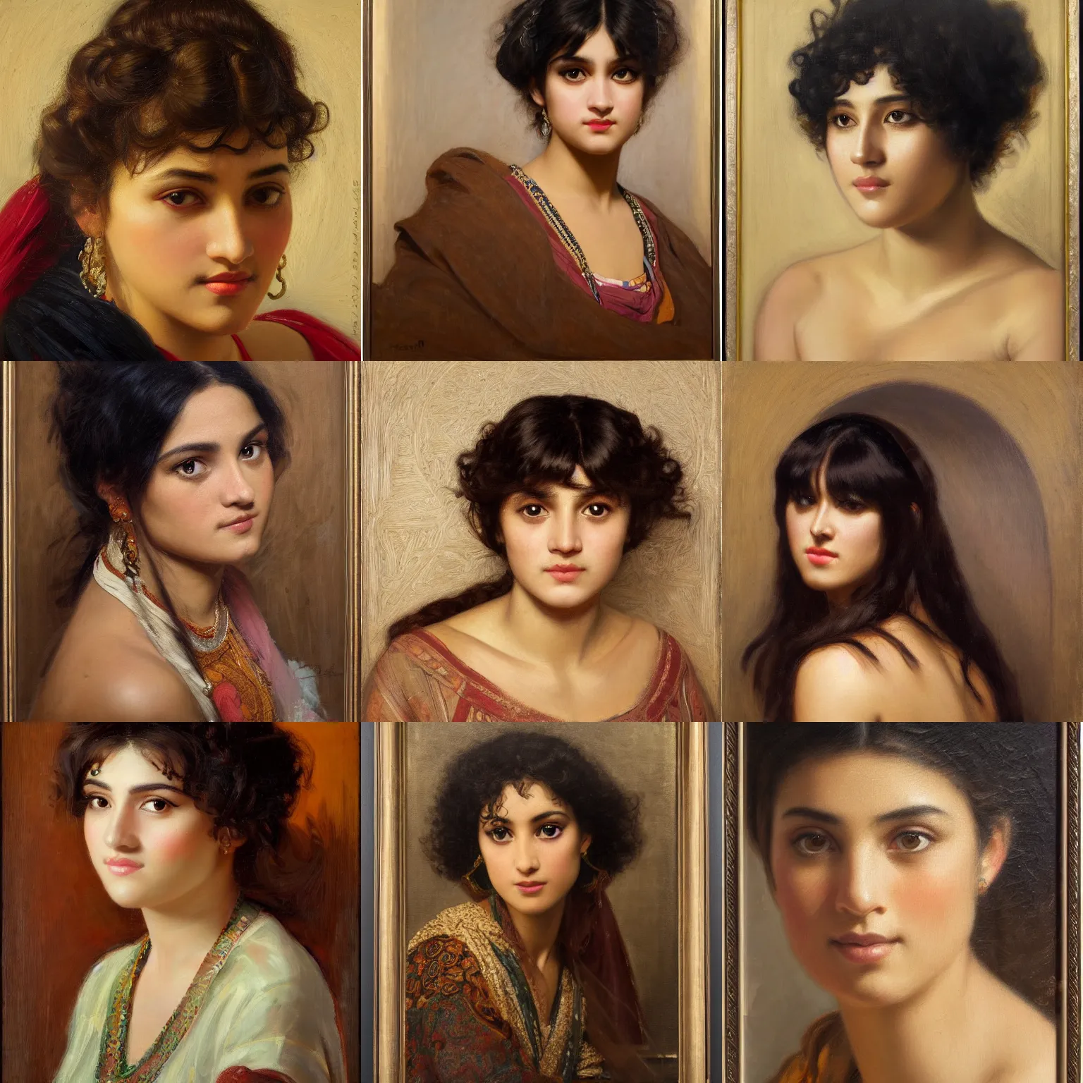 Prompt: orientalism face portrait of a cute woman with eyeliner, bangs, curls, and brown skin by Edwin Longsden Long and Theodore Ralli and Nasreddine Dinet and Adam Styka, masterful intricate artwork. Oil on canvas, excellent lighting, high detail 8k