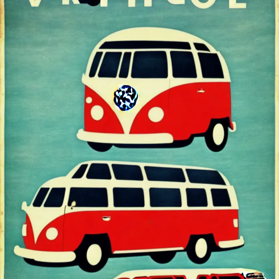 Prompt: a vintage poster of a vw bus