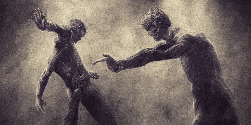 Prompt: indistinct man with his hand thrust forward, visible threads of magic link his hand to other people's bodies, he's puppeting them, fantasy, digital art, trending on artstation