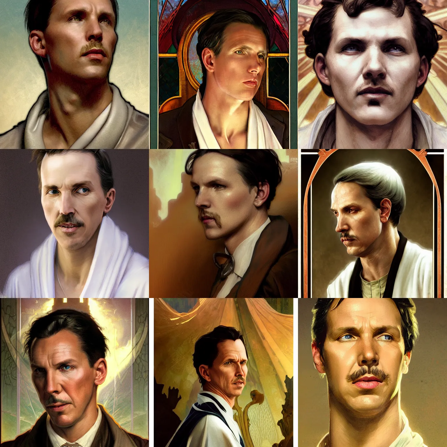 Prompt: macro headshot of edward richtofen wearing a white robe, d & d, fantasy, intricate, rim light, god rays, volumetric lighting, elegant, highly detailed, digital painting, artstation, concept art, smooth, sharp focus, illustration, orthodoxy, art by greg rutkowski, maxfield parrish and alphonse mucha, new art nouveau, tarot card