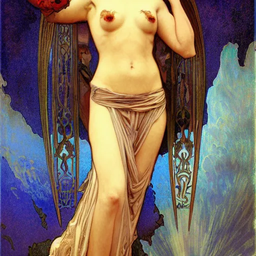 Prompt: awe-inspiring award-winning concept art nouveau painting of attractive figure called the goddess of the moonbow, darkness, by Alphonse Mucha, Michael Whelan, William Adolphe Bouguereau, John Williams Waterhouse, and Donato Giancola, cyberpunk, fierce, extremely moody lighting, glowing light and shadow, atmospheric, shadowy, cinematic, 8K, n 9