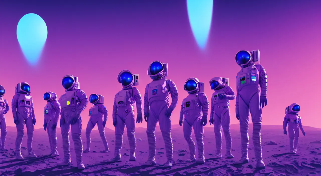 Prompt: hyper detailed neo-surreal neon purple and blue propaganda poster of mars workers from the 2050s cinematic lighting 8k wide angle shallow depth of field