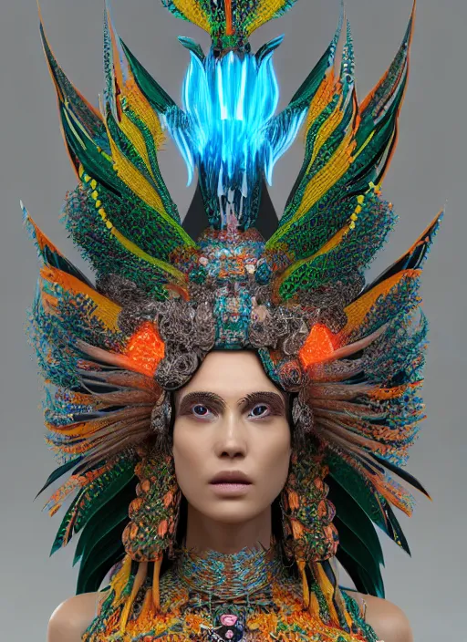 Prompt: 3 d goddess close - up profile portrait. beautiful intricate highly detailed mexican magpie helm and traditional mexican huipil! quetzalcoatl, stingray, bio luminescent, plasma, lava, ice, water, wind, stormy, creature, artwork by tooth wu and wlop and annie leibovitz, octane 3 d render