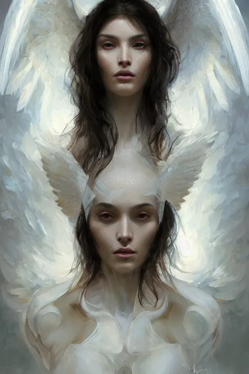 Prompt: >> dynamic professional painting of a beautiful godness archangel e , olive skin, long dark hair, beautiful bone structure, symmetrical facial features, intricate, elegant, digital painting, concept art, smooth, sharp focus, illustration, by Ruan Jia and Mandy Jurgens and Artgerm and William-Adolphe Bouguerea
