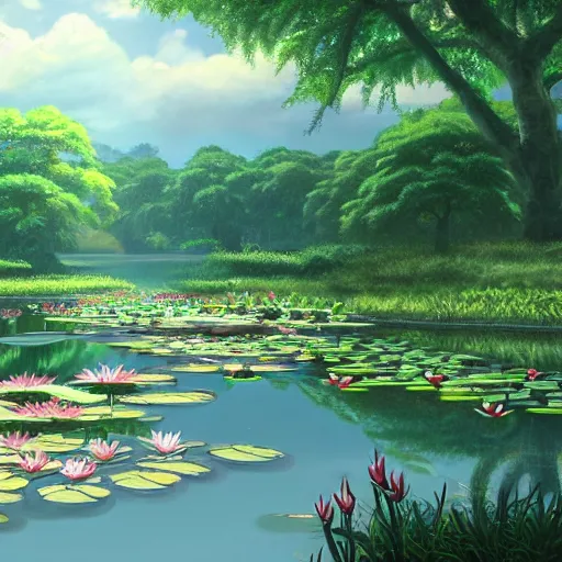 Prompt: a beautiful painting of a water lily pond by yusuke murata and makoto shinkai, cel shaded, unreal engine, highly detailed, iridescent, illustration, artstation,