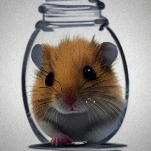 Prompt: tiny cartoon hamster trapped in a glass jar