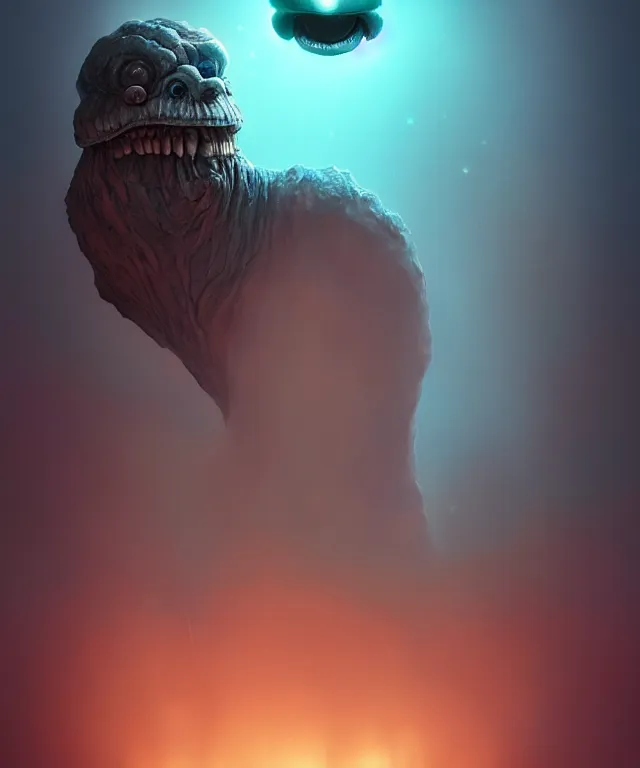 Prompt: a tiny monster with enormous eyes made of bioluminescence, fantasy, elegant, crisp 8 k line art, digital painting, artstation, unreal engine, octane render, concept art, matte, sharp focus, hyper realistic lighting, illustration, art by zdzisław beksinski