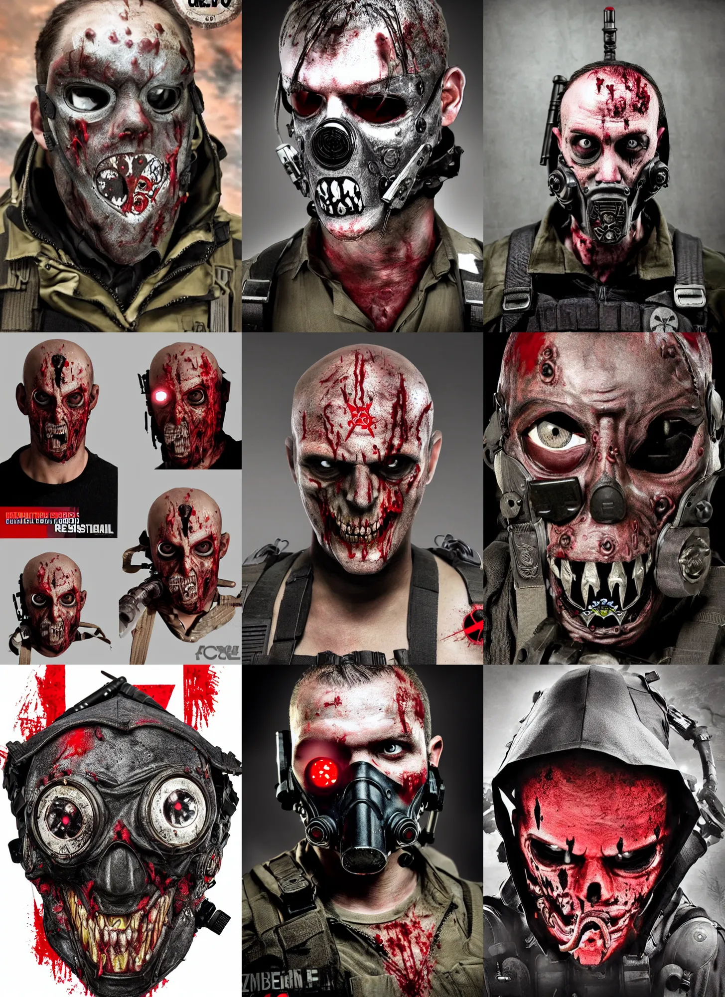 Prompt: zombie spec - ops head with mask, resident evil umbrella corporation logo on forehead, special forces, dark design, professional photo, intricate details