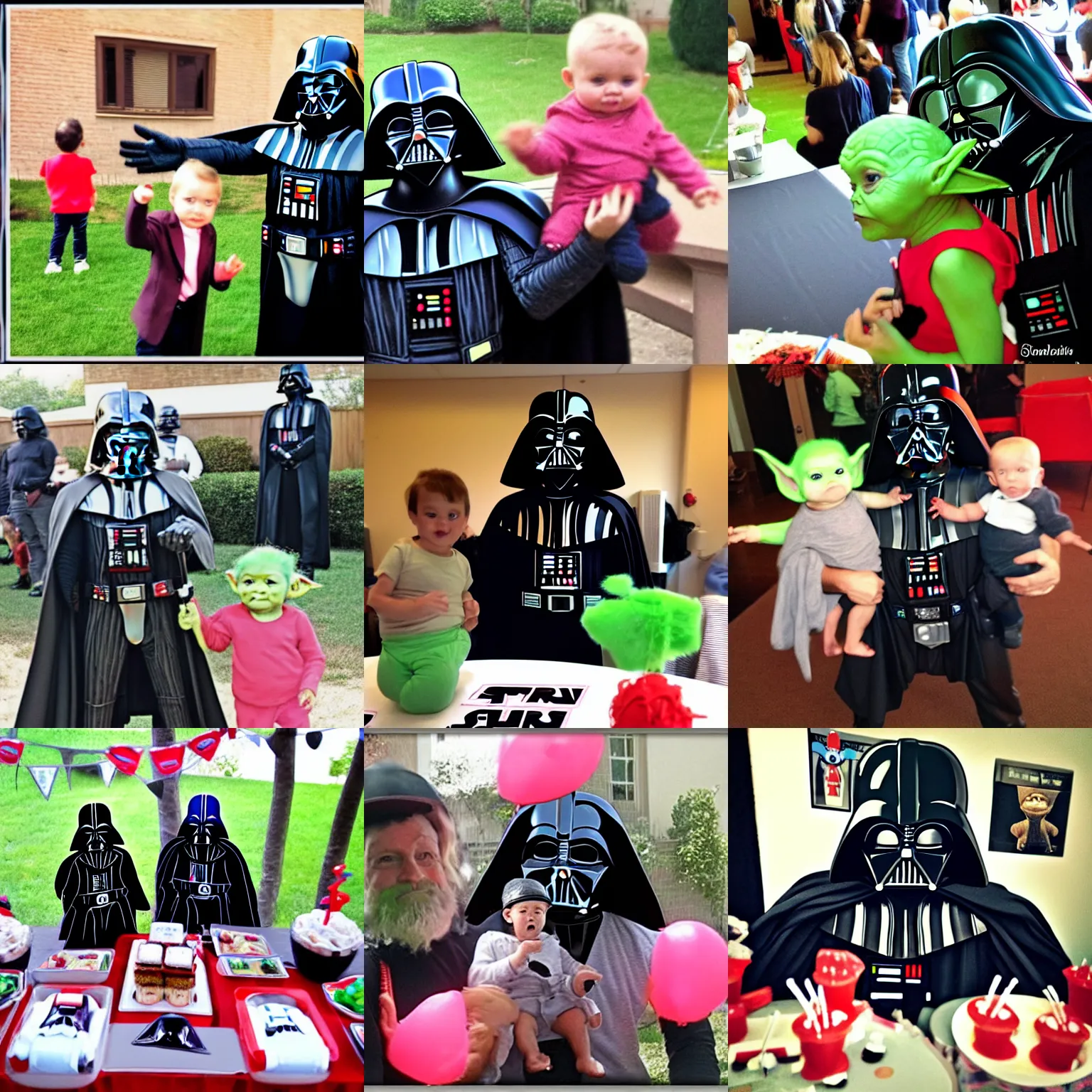 Prompt: Darth Vader at Baby Yoda's Party. Having fun together