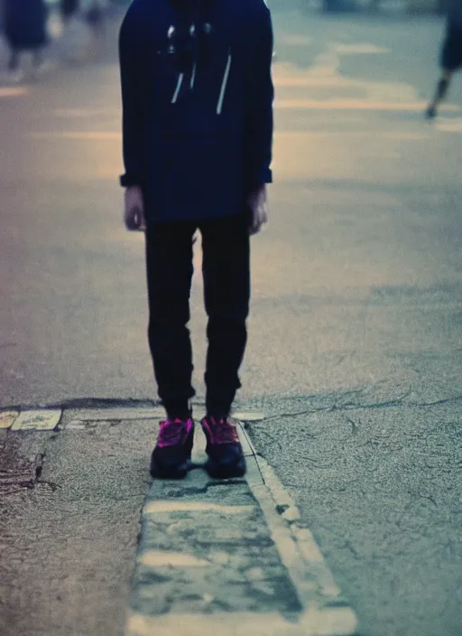 Image similar to High sneakers cyberpunk japanese, blue hour, twilight, cool, portrait, Kodachrome, ISO1200,