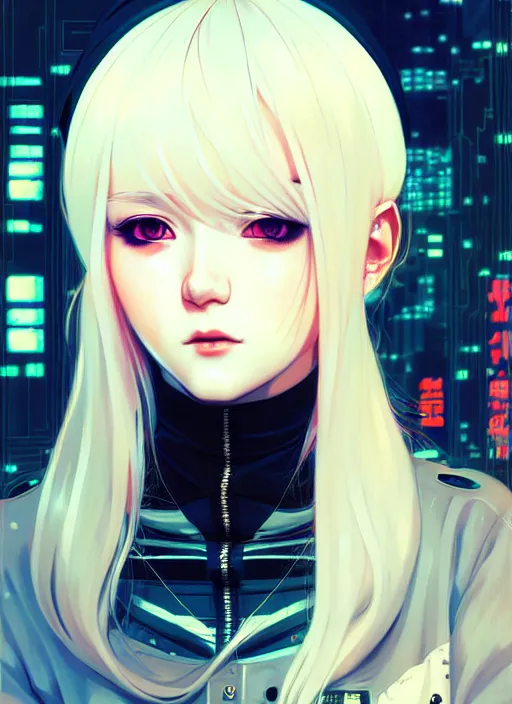 Image similar to portrait Anime girl cyberpunk, cute-fine-face, white-hair pretty face, realistic shaded Perfect face, fine details. Anime, cyberpunk. realistic shaded lighting by Ilya Kuvshinov and Gustav Klimt