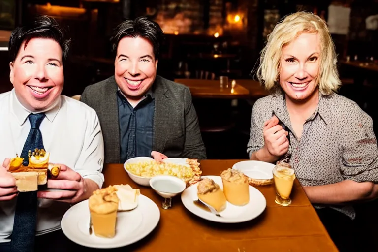 Image similar to portait of michael mcintyre and middle aged blonde woman with short hair and a blonde woman with long hair having dessert at sunday in brooklyn restaurant