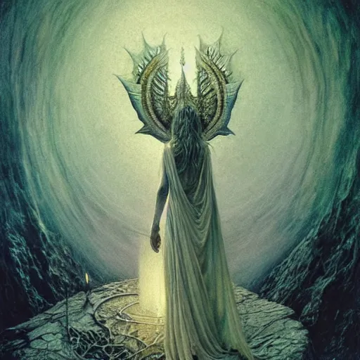 Image similar to a tarot card of a goddess in white robe, cinematic lighting, highly detailed, symmetric, concept art, masterpiece, fantasy art, hyperdetailed, hyperrealism, saturated colors, art by zdzistaw beksinski, arthur rackham, dariusz zawadzki, larry elmore