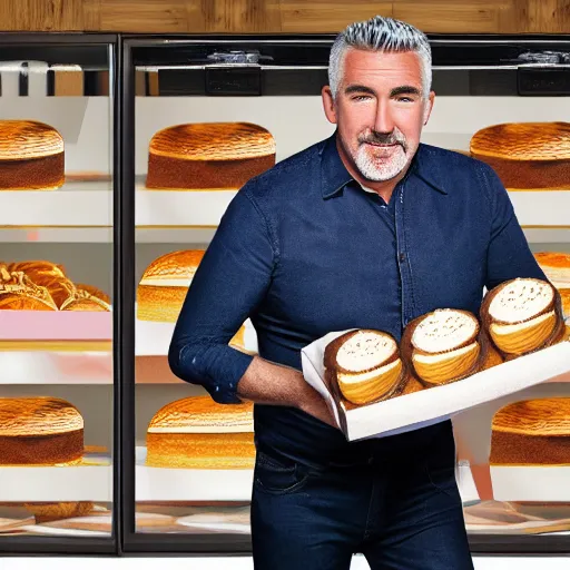 Prompt: a close up photo of Paul Hollywood stealing a pack of 6 cakes from the bakery, excited expression, running towards the camera, photorealistic, clear lighting, detailed, 4k