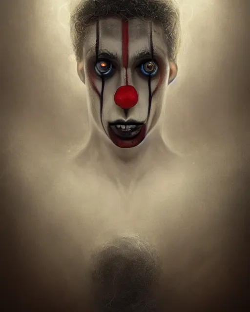 Image similar to centered detailed portrait of a sad clown identical eyes, fantasy, illustration, slender symmetrical face and body, artstation, cinematic lighting, hyperdetailed, cgsociety, 8 k, high resolution, charlie bowater, tom bagshaw, single face, insanely detailed and intricate, octane render, dark fractal background, vfx, postprocessing, featured on artstation, well - rendered