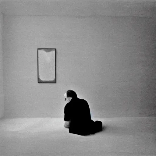 Prompt: grainy underexposed portrait of Marcel Duchamp in a empty white void, tri-x, Trent Parke, Rinko Kawaichi, archival pigment print, occult dream, contemporary art