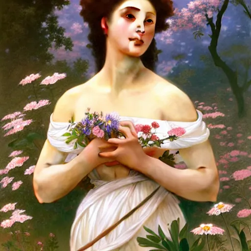 Prompt: a photograph of the most beautiful woman that has ever existed, surrounded by unique natural landscape of delicate flowers., highly detailed, digital painting, artstation, concept art, smooth, sharp focus, illustration, art by artgerm and greg rutkowski and alphonse mucha and william - adolphe bouguereau