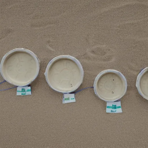 Image similar to three woks, each with the approximate dimensions of 50cm long and 30 cm wide, placed on a sandy beach, with ocean in the background, photorealistic, 8k