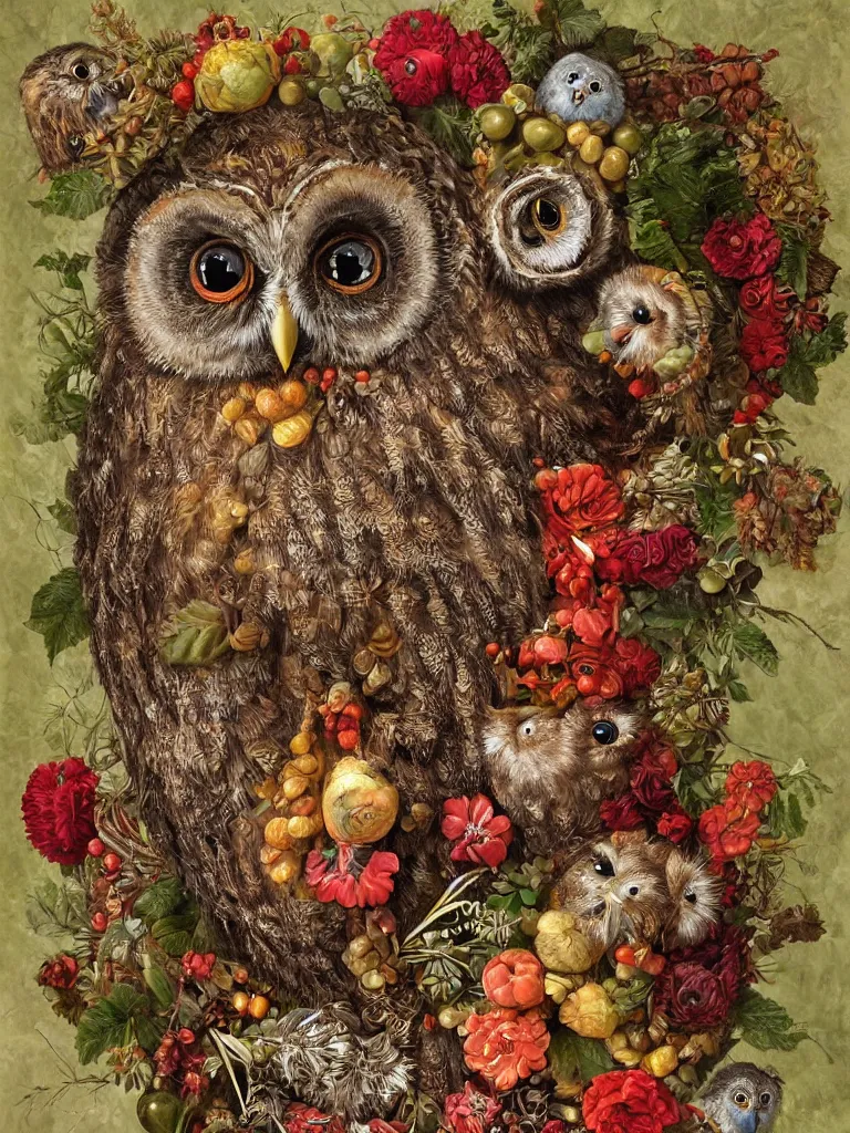 Image similar to Highly detailed cute owl in the style of Guiseppe Arcimboldo, sharp, masterpiece, artstation