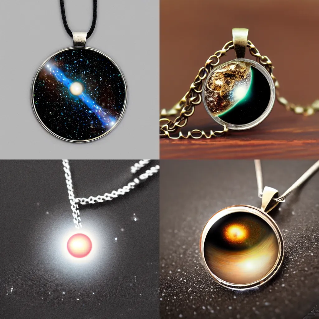 Prompt: necklace containing a black hole, stars, highly detailed, gravitational lens, macro shot