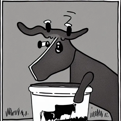 Image similar to a cow points at a bucket in the style of gary larson