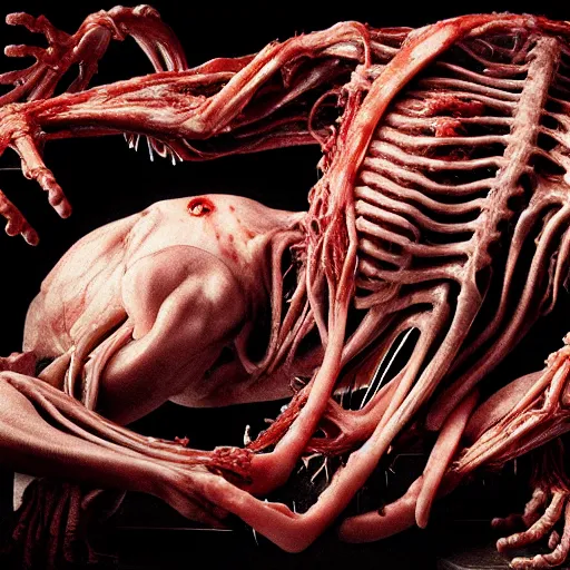 Prompt: still life of an alien, draped in rotten meat, human spine and nerves, beautiful detailed intricate insanely detailed octane render, 8K artistic photography, photorealistic, chiaroscuro, by David Cronenberg, Raphael, Caravaggio