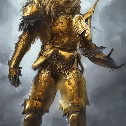 Image similar to a award winning commission photograph of an anthropomorphic lion with human features wearing a golden knight armor, digital art, character concept, highly detailed, deviantart, artstation, beautiful, photorealistic, imagination, fantasy, dramatic