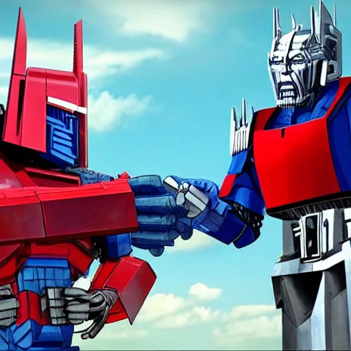Prompt: optimus prime arguing with a mechanic due to him not being able to afford the auto bill